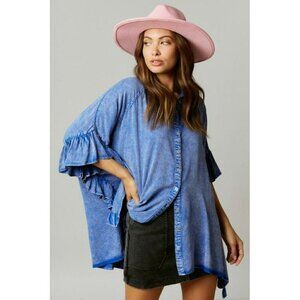 Time Flies Acid Washed Ruffled Shirt in Royal Blue